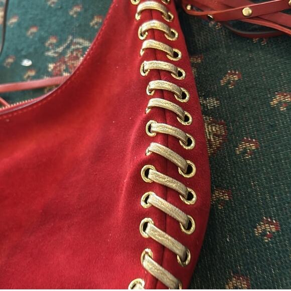 Michael Michael Kors Red and Gold Grommet Whipstitch Suede Fringe Rhea Crossbody - Picture 5 of 11